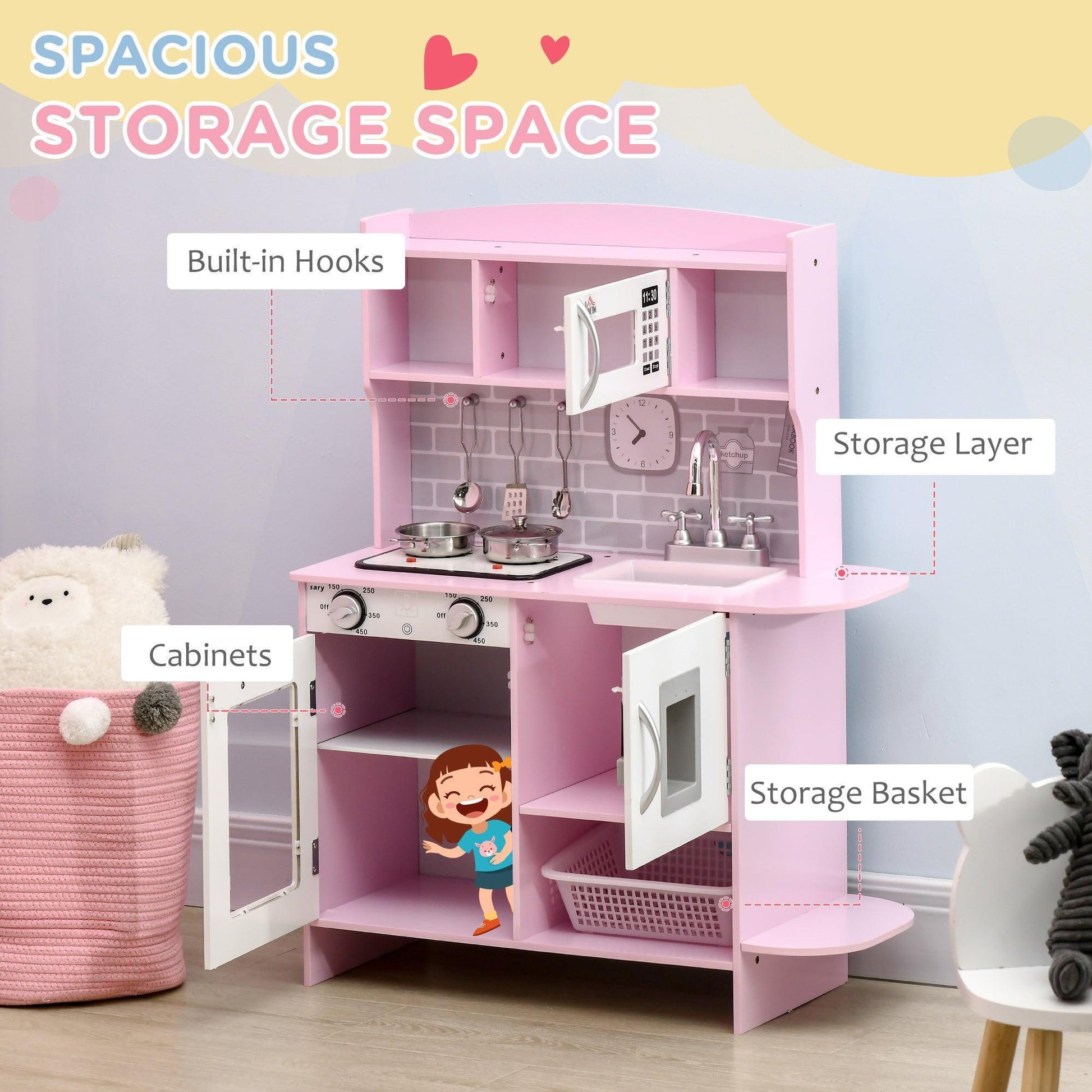 HOMCOM Kids Play Kitchen Set: Pink, Lights, Sounds - ALL4U RETAILER LTD