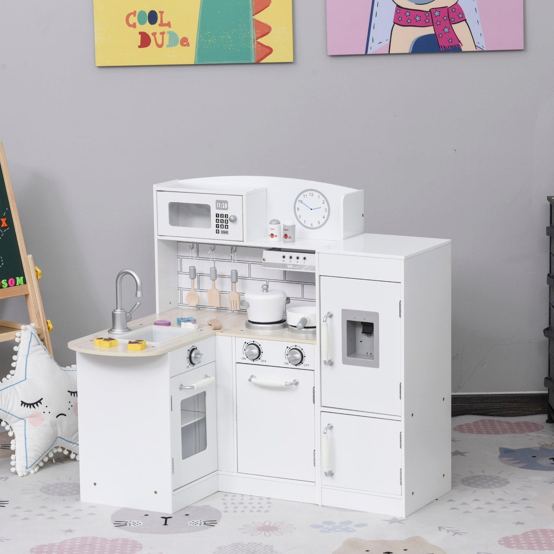 HOMCOM Kids Play Kitchen Set with Microwave, Fridge & Fountain - ALL4U RETAILER LTD