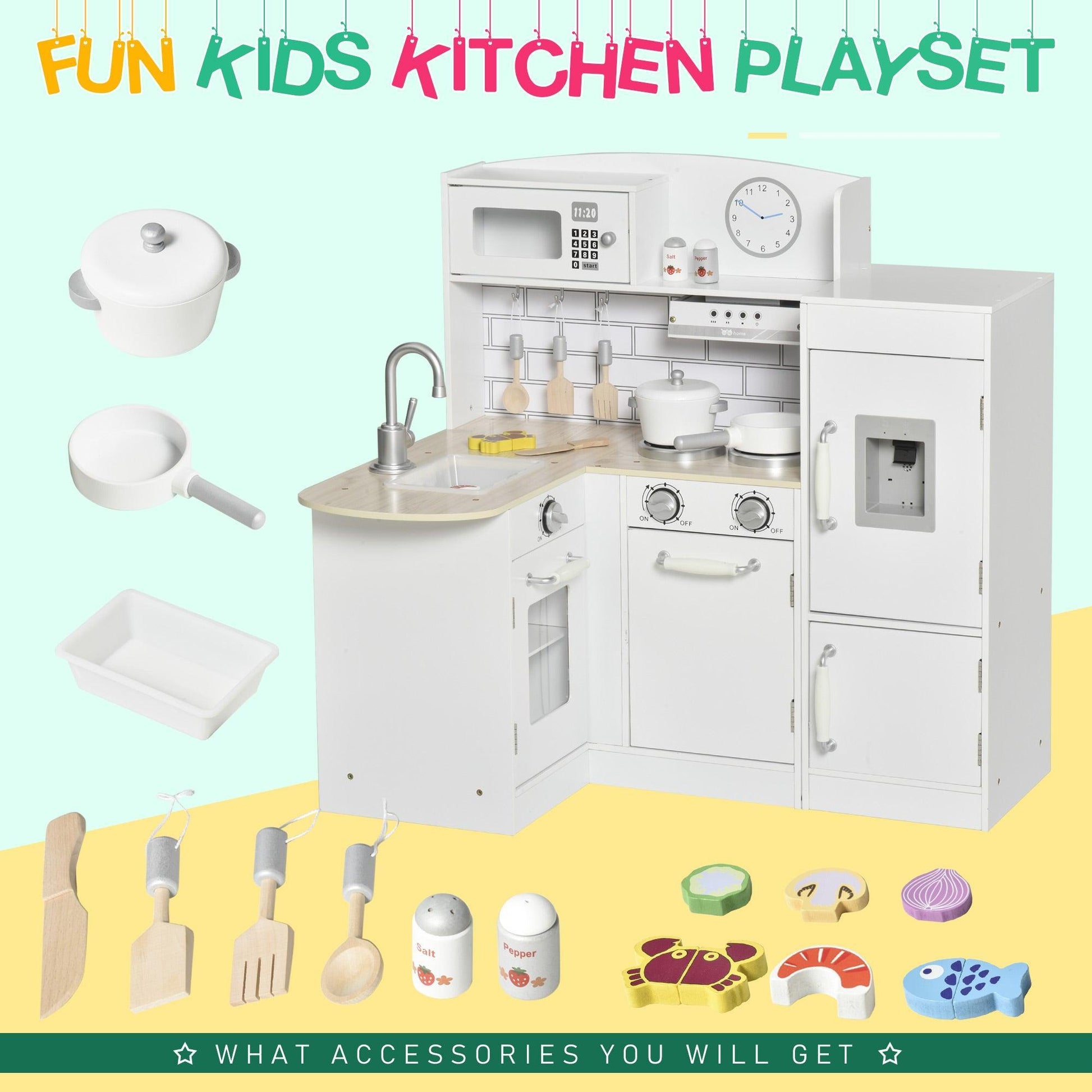 HOMCOM Kids Play Kitchen Set with Microwave, Fridge & Fountain - ALL4U RETAILER LTD