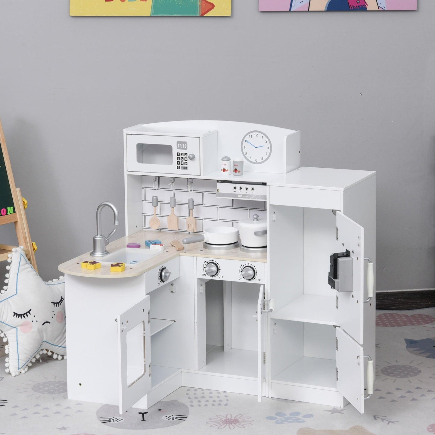 HOMCOM Kids Play Kitchen Set with Microwave, Fridge & Fountain - ALL4U RETAILER LTD