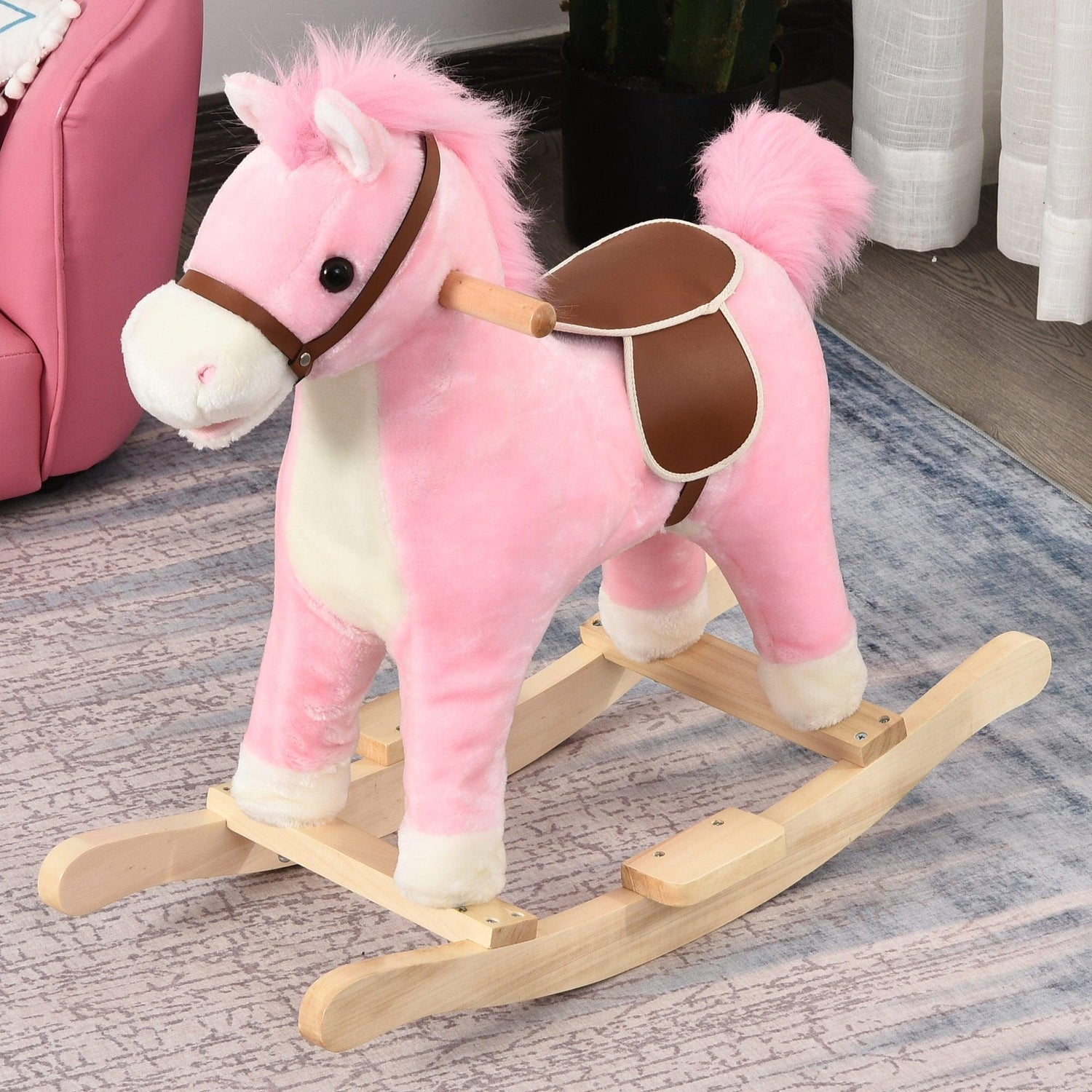 HOMCOM Kids Plush Rocking Horse - Pink, with Sound - ALL4U RETAILER LTD