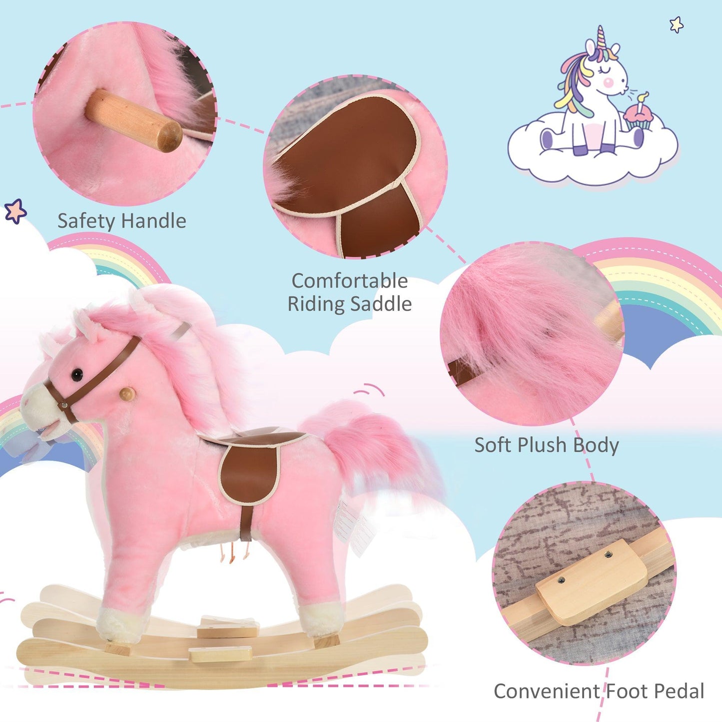 HOMCOM Kids Plush Rocking Horse - Pink, with Sound - ALL4U RETAILER LTD
