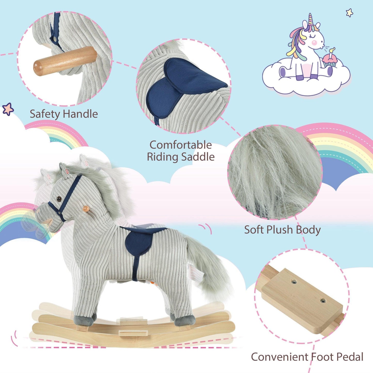 HOMCOM Kids Plush Rocking Horse with Sound - Grey - ALL4U RETAILER LTD