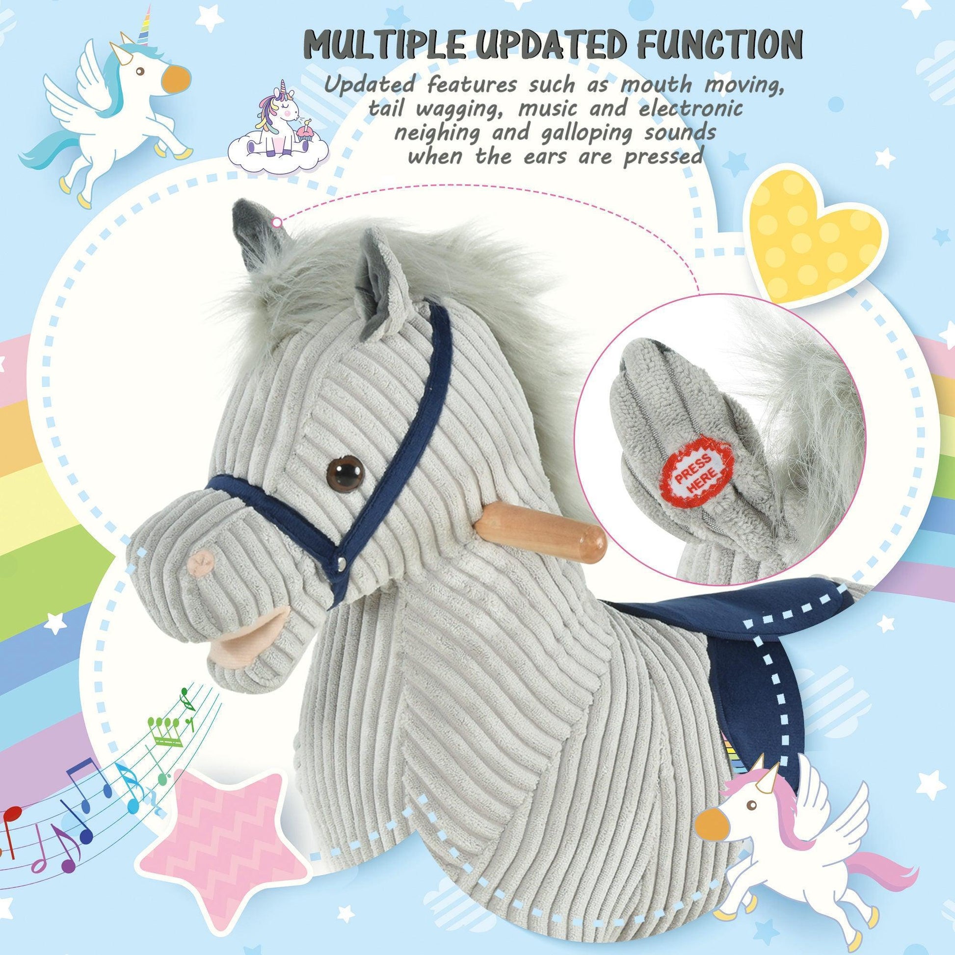 HOMCOM Kids Plush Rocking Horse with Sound - Grey - ALL4U RETAILER LTD