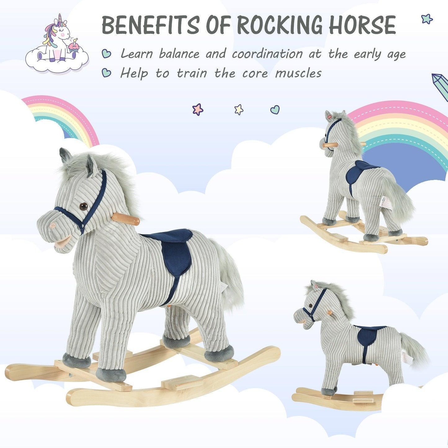 HOMCOM Kids Plush Rocking Horse with Sound - Grey - ALL4U RETAILER LTD