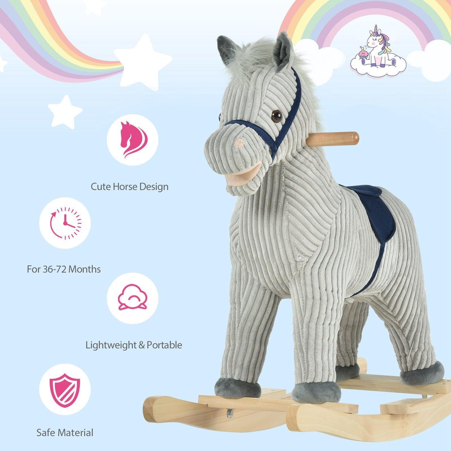 HOMCOM Kids Plush Rocking Horse with Sound - Grey - ALL4U RETAILER LTD