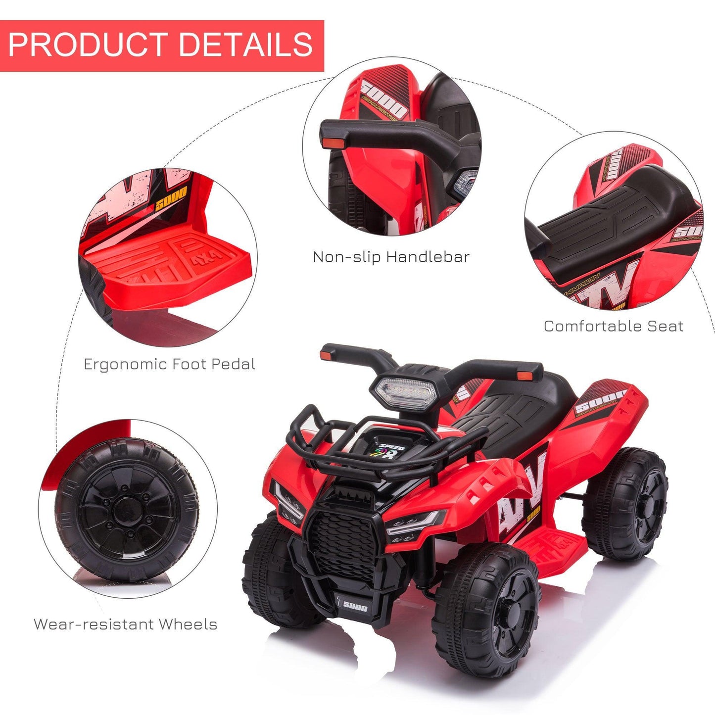 HOMCOM Kids Ride-on Red ATV Car with Headlights - 18-36 Months, 6V - ALL4U RETAILER LTD