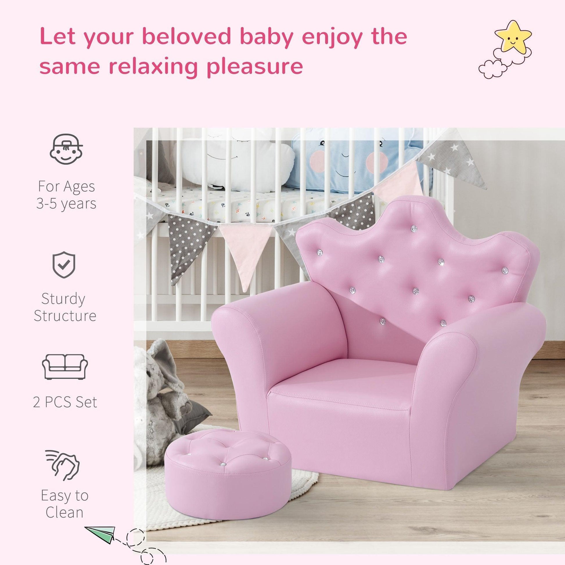 HOMCOM Kids Sofa Set – Pink, with Free Footstool - ALL4U RETAILER LTD