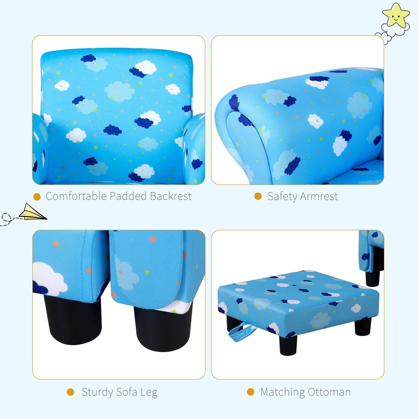 HOMCOM Kids Sofa with Footrest – Adorable Blue Cloud Star - ALL4U RETAILER LTD