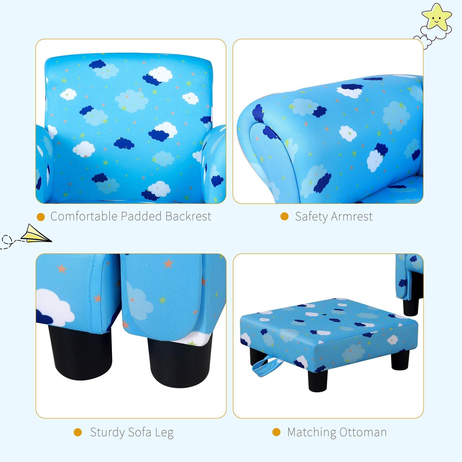 HOMCOM Kids Sofa with Footrest – Adorable Blue Cloud Star - ALL4U RETAILER LTD