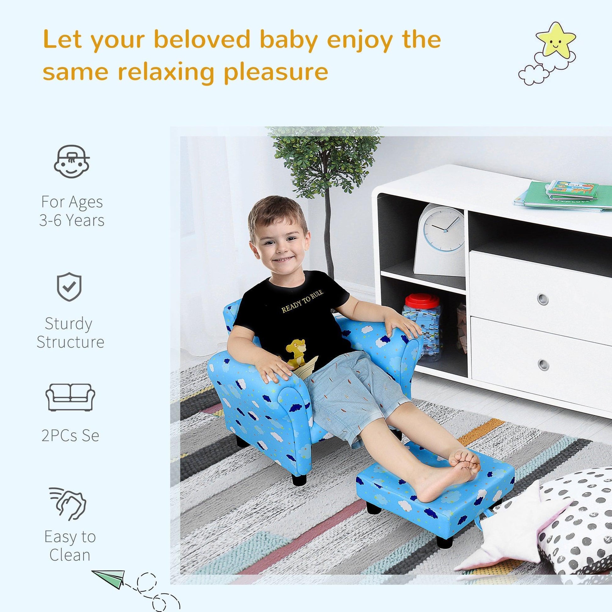 HOMCOM Kids Sofa with Footrest – Adorable Blue Cloud Star - ALL4U RETAILER LTD