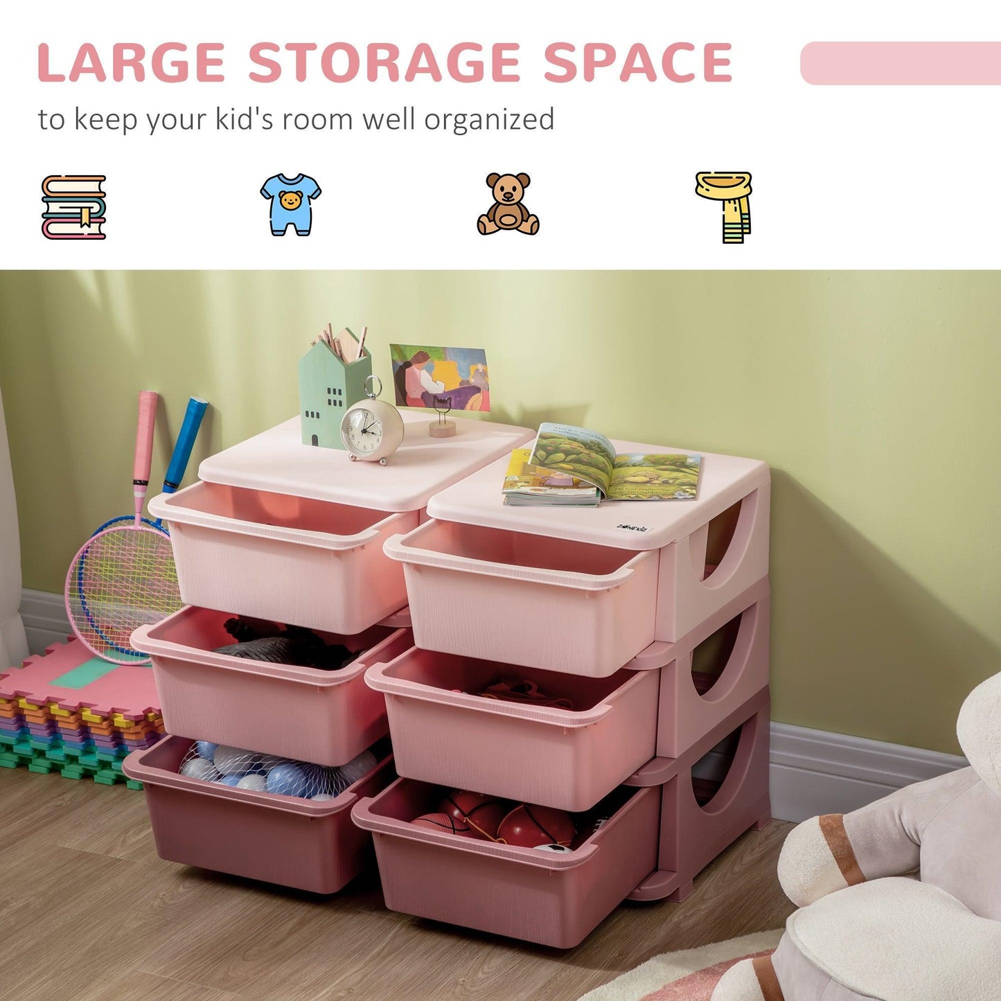 HOMCOM Kids Storage Units with Drawers - Pink - ALL4U RETAILER LTD