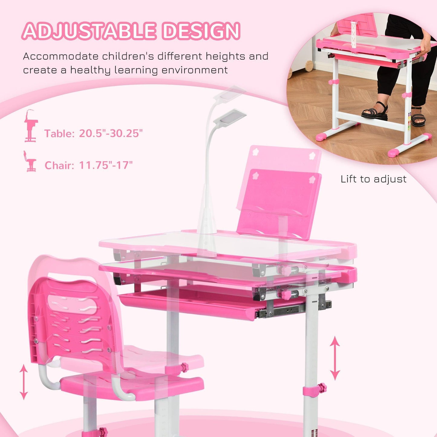 HOMCOM Kids Study Desk Set - Adjustable, USB Lamp - Pink/White - ALL4U RETAILER LTD