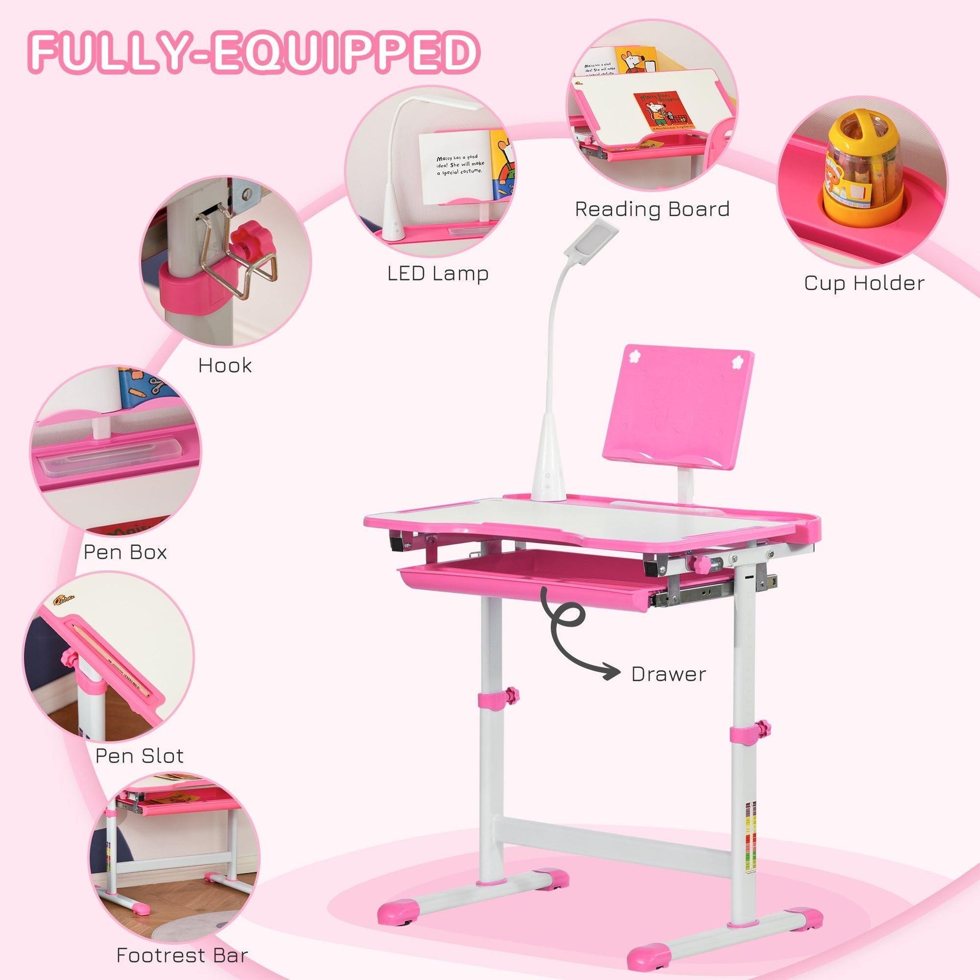 HOMCOM Kids Study Desk Set - Adjustable, USB Lamp - Pink/White - ALL4U RETAILER LTD