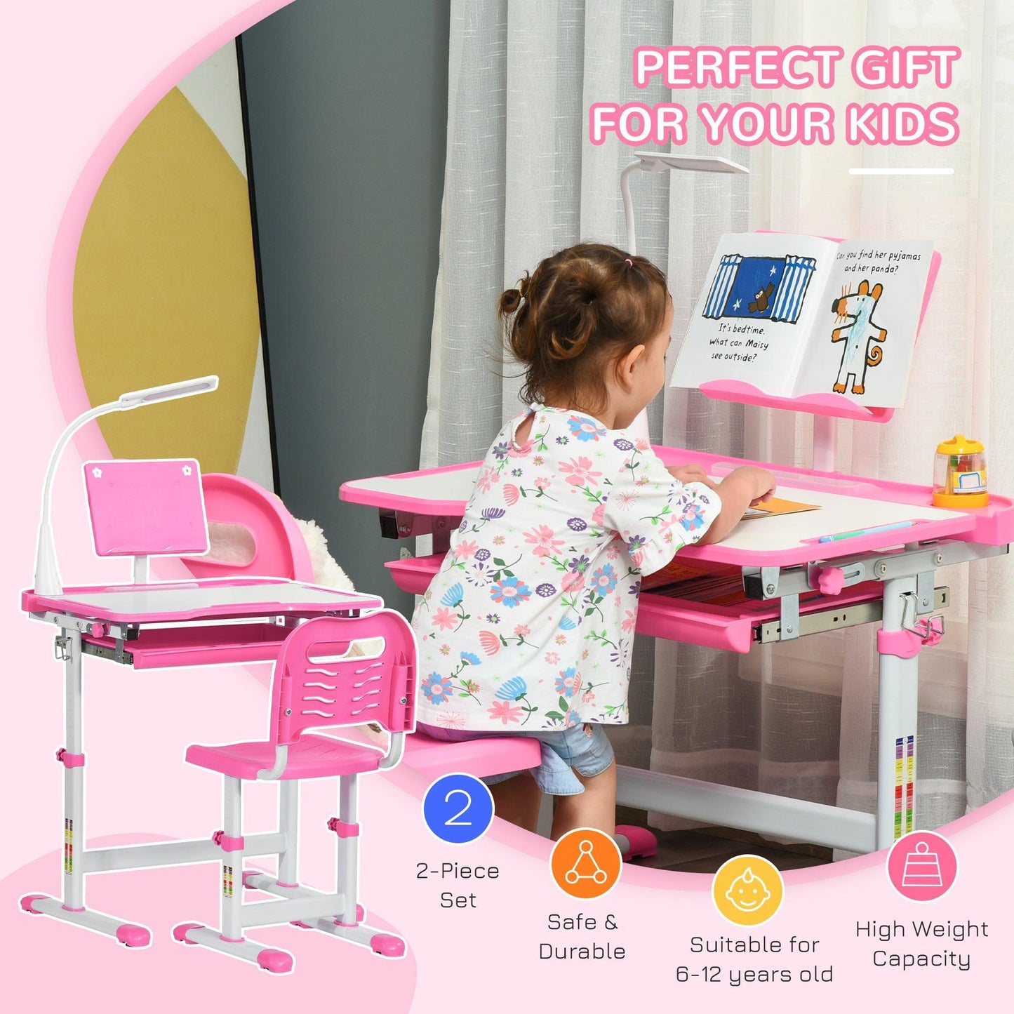 HOMCOM Kids Study Desk Set - Adjustable, USB Lamp - Pink/White - ALL4U RETAILER LTD