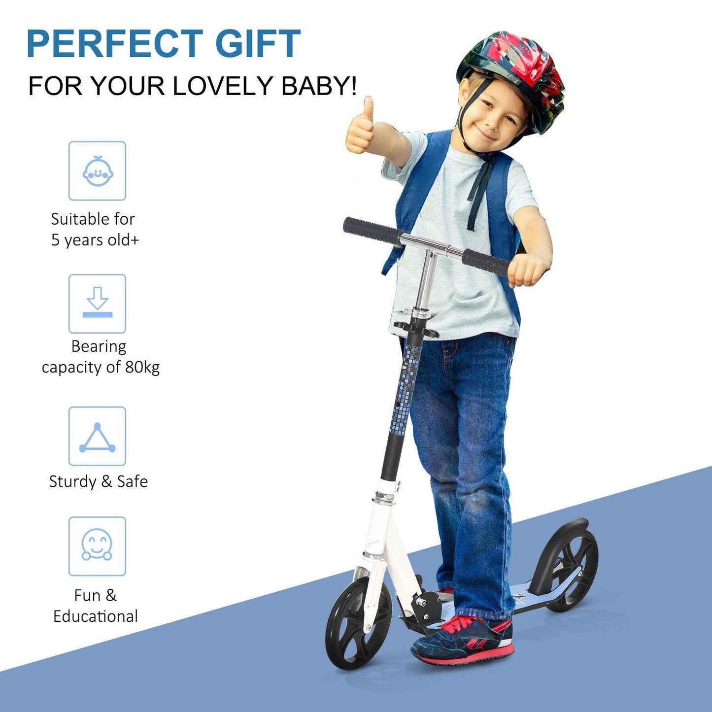 HOMCOM Kids Stunt Scooter - White/Blue, Adjustable, Foldable - ALL4U RETAILER LTD