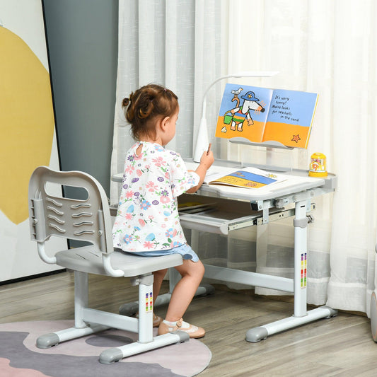 HOMCOM Kids Table and Chair Set with USB Lamp - Grey & White - ALL4U RETAILER LTD