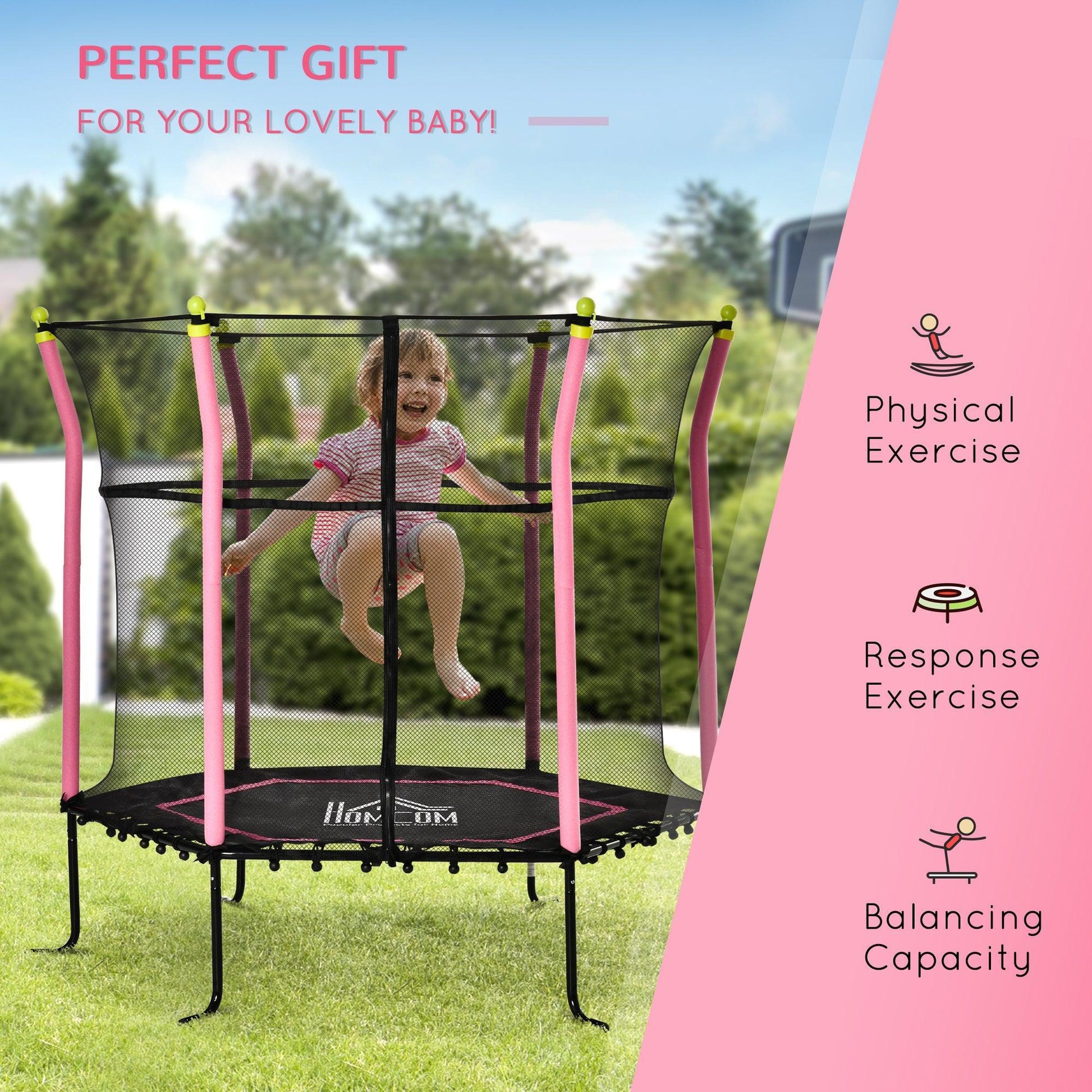 HOMCOM Kids Trampoline - 5.2FT Pink Enclosed Mini Indoor/Outdoor - ALL4U RETAILER LTD