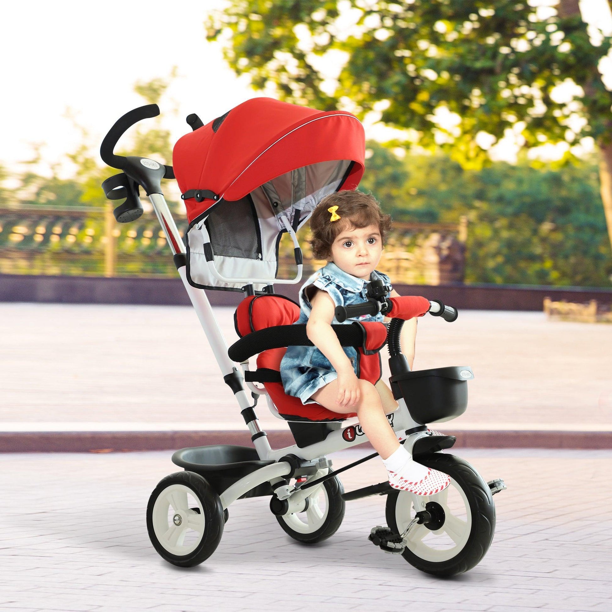 HOMCOM Kids Tricycle Stroller: 4-in-1, Red, Canopy - ALL4U RETAILER LTD