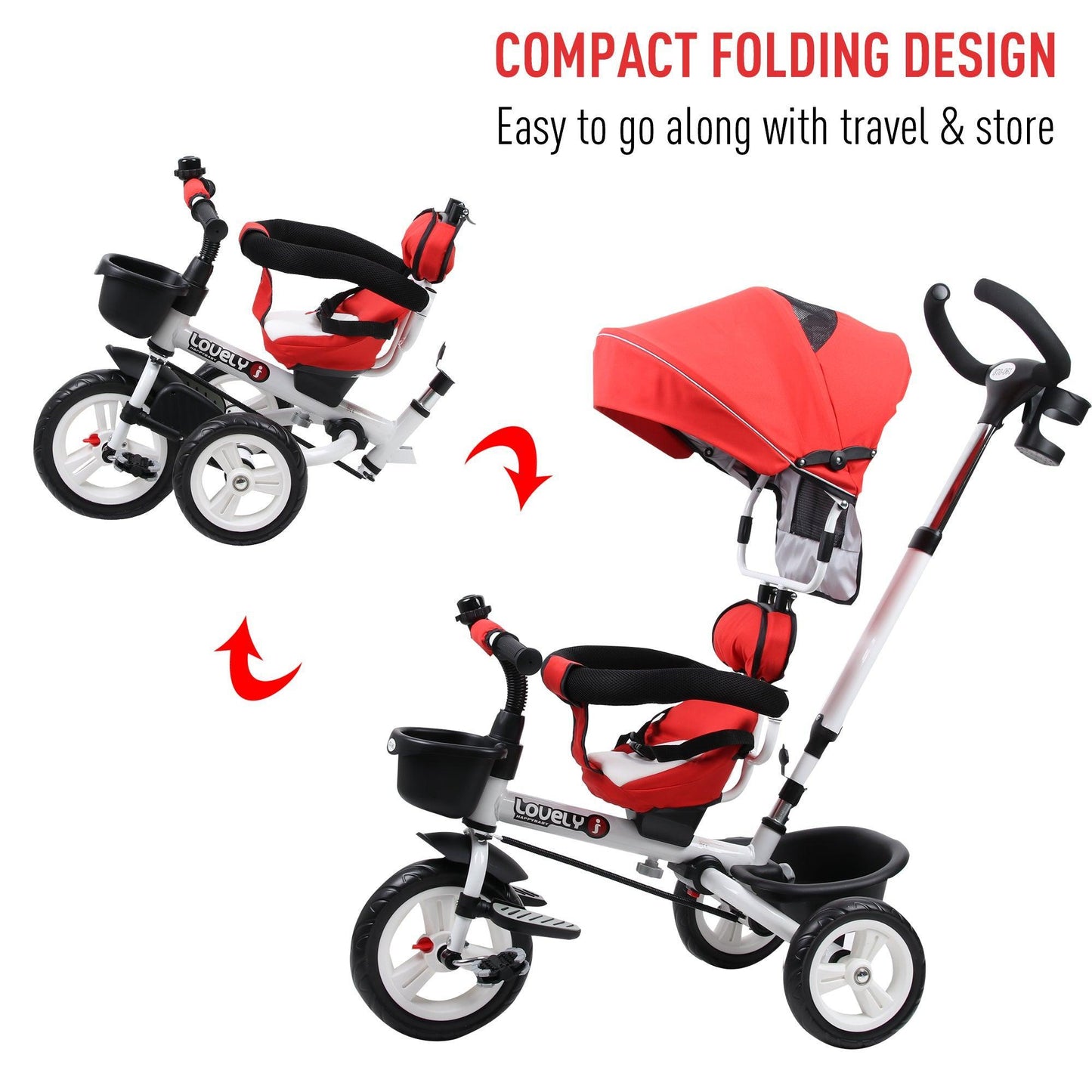 HOMCOM Kids Tricycle Stroller: 4-in-1, Red, Canopy - ALL4U RETAILER LTD
