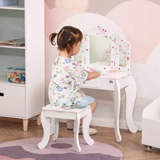 HOMCOM Kids Vanity Table & Stool Set with Mirrors and Drawer - ALL4U RETAILER LTD
