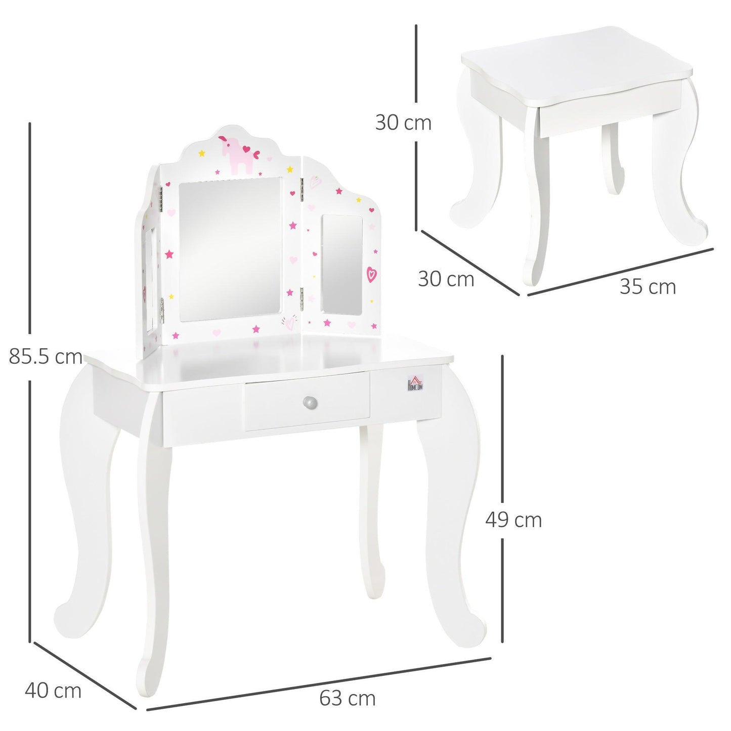 HOMCOM Kids Vanity Table & Stool Set with Mirrors and Drawer - ALL4U RETAILER LTD