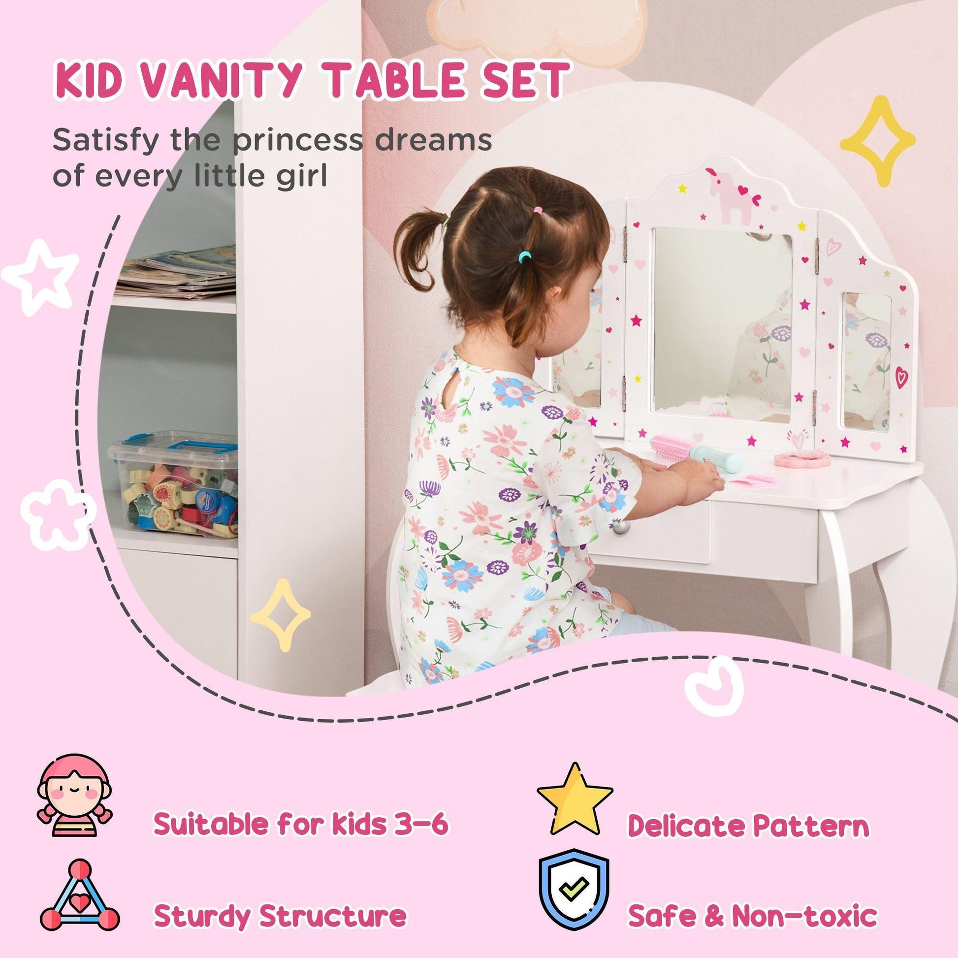 HOMCOM Kids Vanity Table & Stool Set with Mirrors and Drawer - ALL4U RETAILER LTD