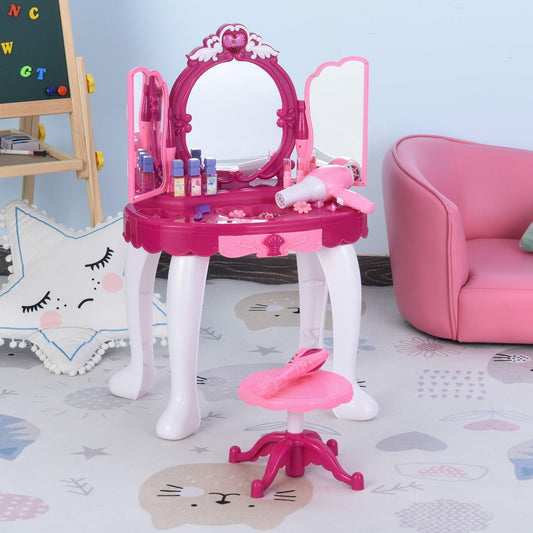 HOMCOM Kids Vanity Table Set with Sound - Pink - ALL4U RETAILER LTD