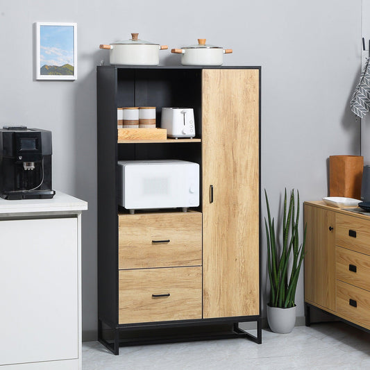 HOMCOM Kitchen Cupboard with Adjustable Shelves: Natural & Black - ALL4U RETAILER LTD