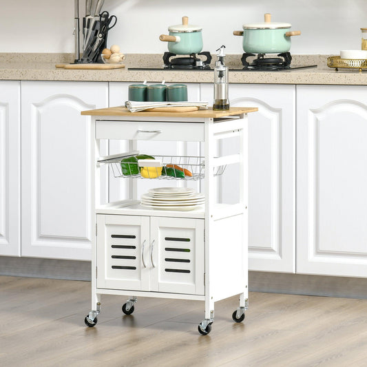 HOMCOM Kitchen Island Cart with Storage and Rolling Wheels - White - ALL4U RETAILER LTD