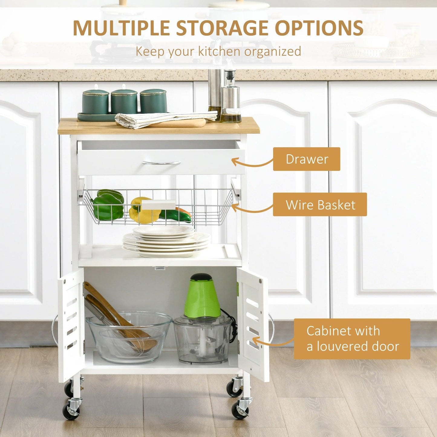 HOMCOM Kitchen Island Cart with Storage and Rolling Wheels - White - ALL4U RETAILER LTD