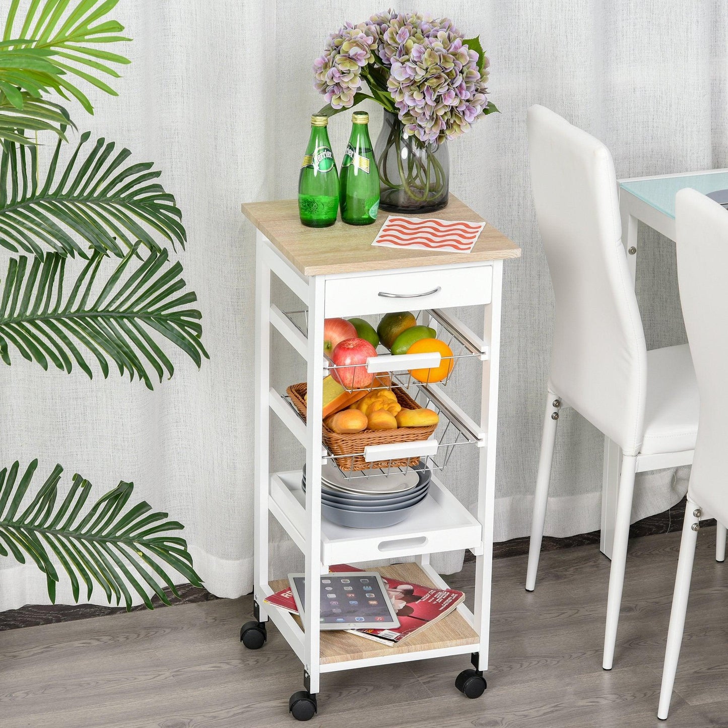 HOMCOM Kitchen Trolley: White, Drawer & Basket - ALL4U RETAILER LTD