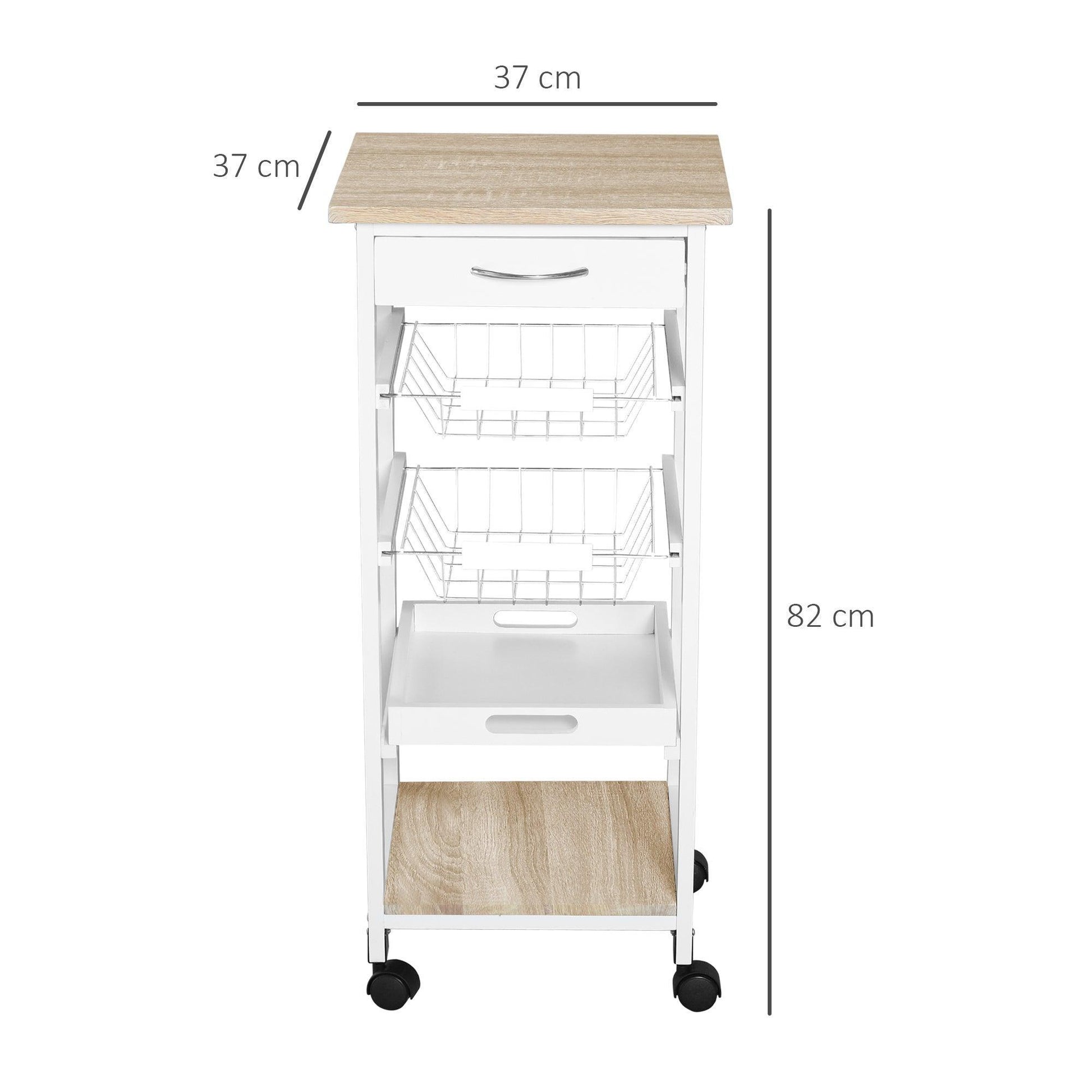 HOMCOM Kitchen Trolley: White, Drawer & Basket - ALL4U RETAILER LTD
