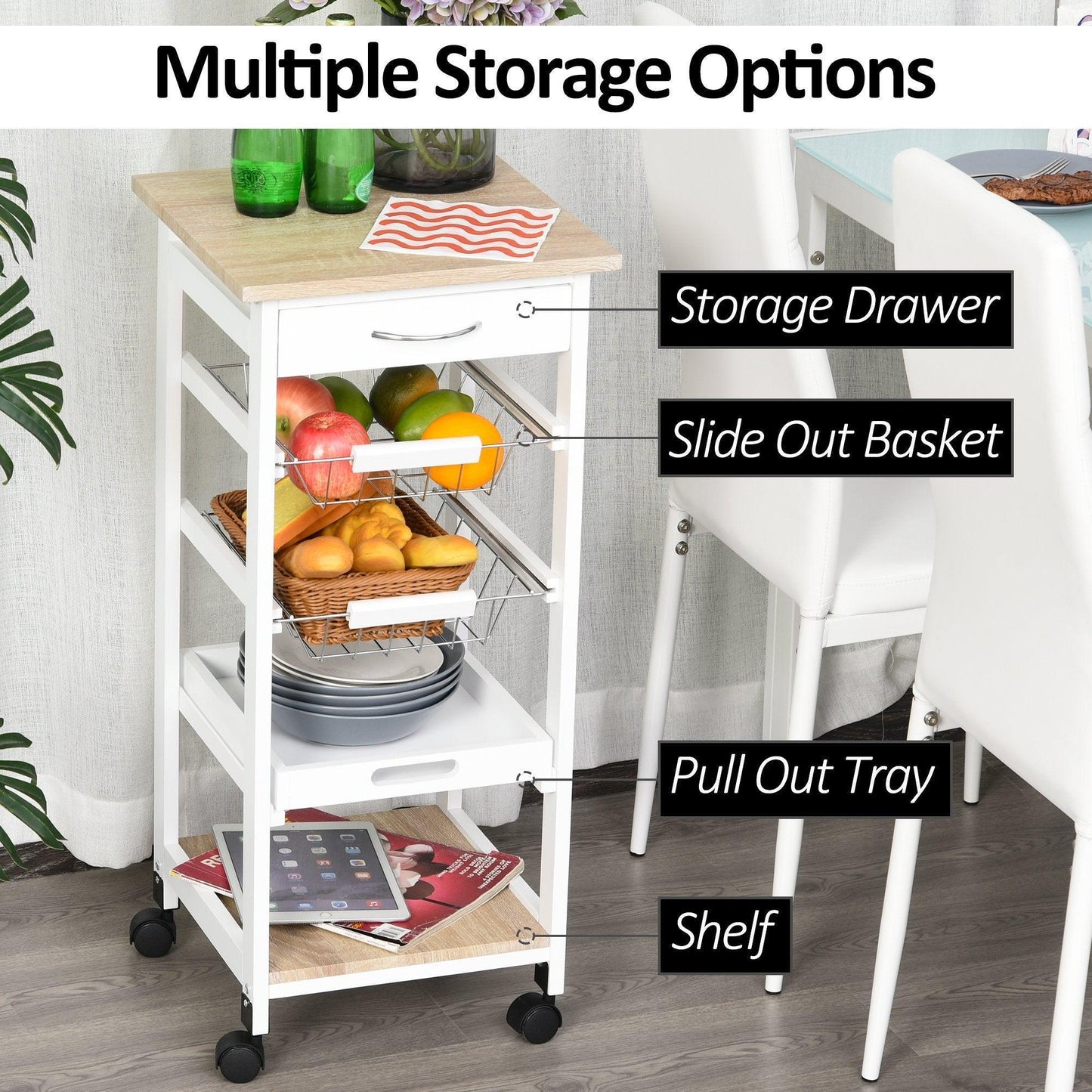 HOMCOM Kitchen Trolley: White, Drawer & Basket - ALL4U RETAILER LTD