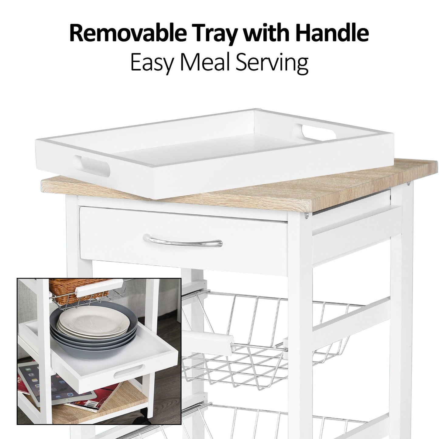 HOMCOM Kitchen Trolley: White, Drawer & Basket - ALL4U RETAILER LTD