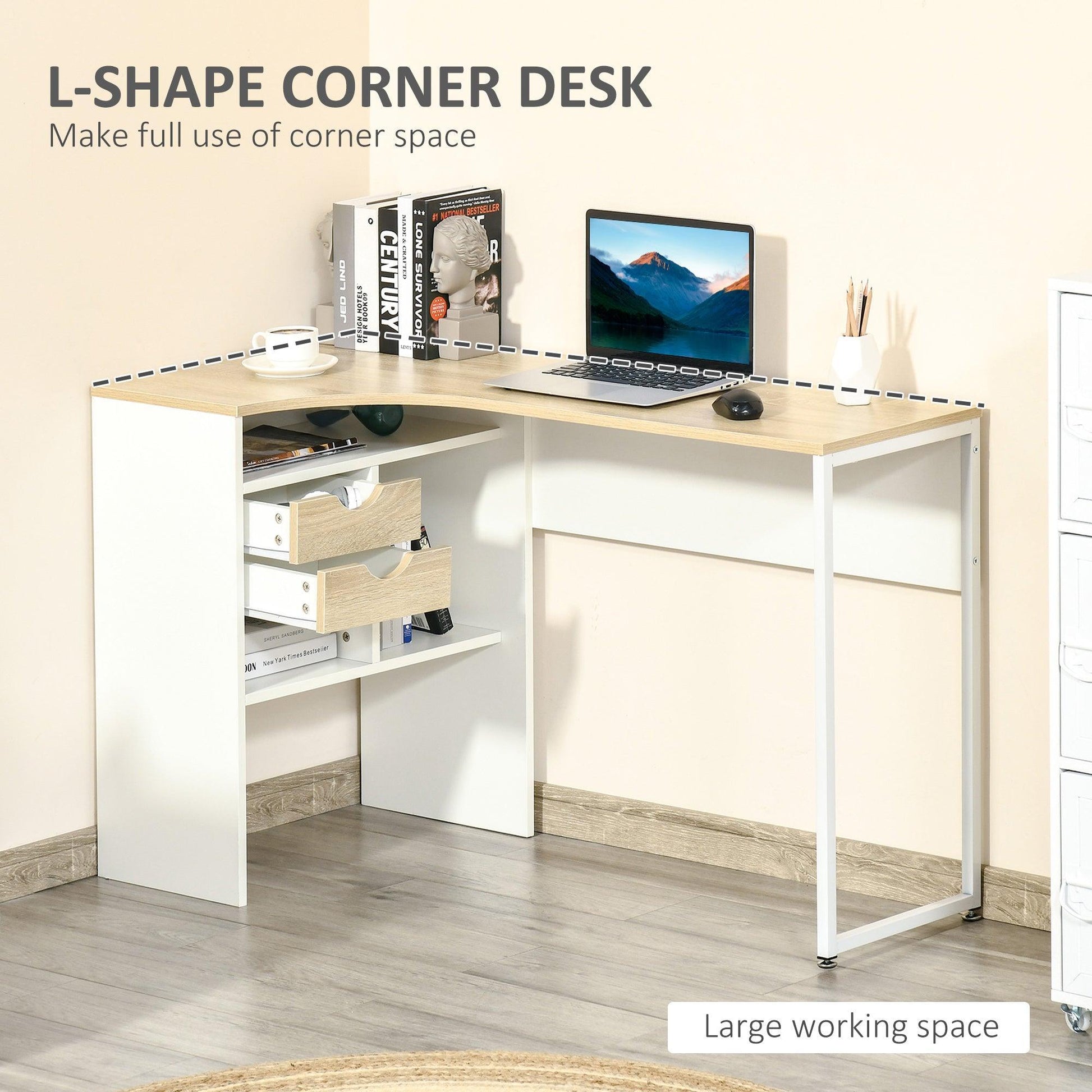 HOMCOM L-Shape Computer Desk with Shelf & Drawer - Brown - ALL4U RETAILER LTD