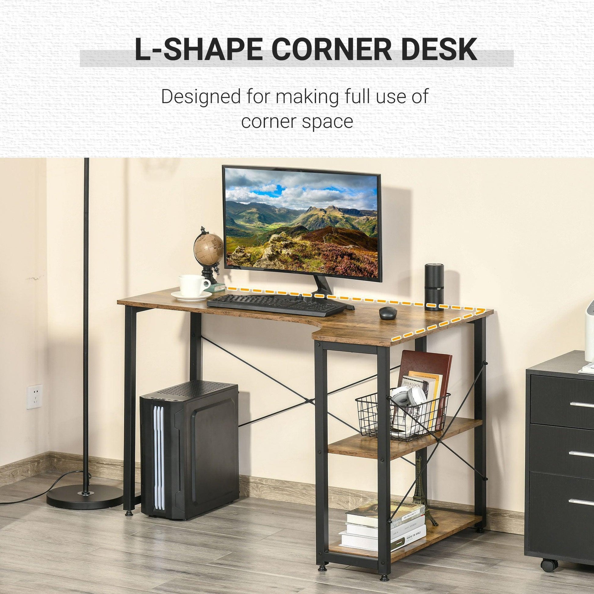 HOMCOM L-Shaped Computer Desk - Rustic Brown - ALL4U RETAILER LTD