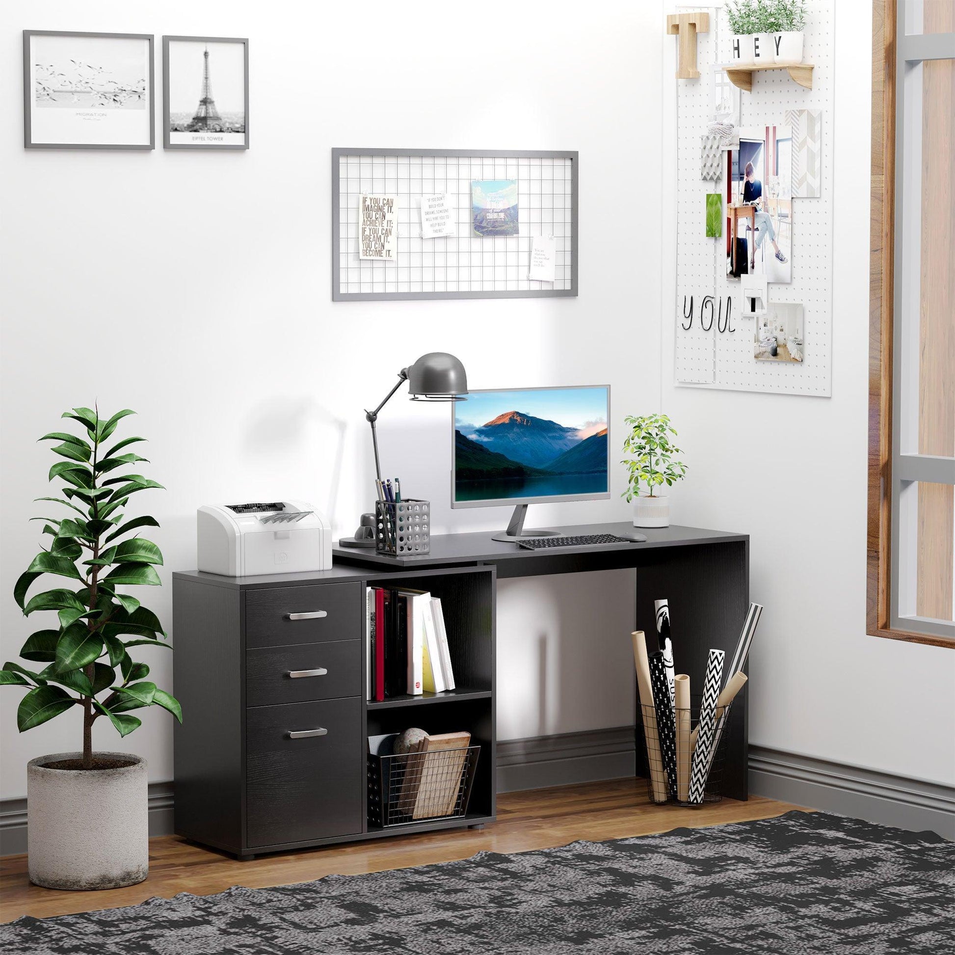 HOMCOM L-Shaped Computer Desk with Drawers and Cabinet - ALL4U RETAILER LTD