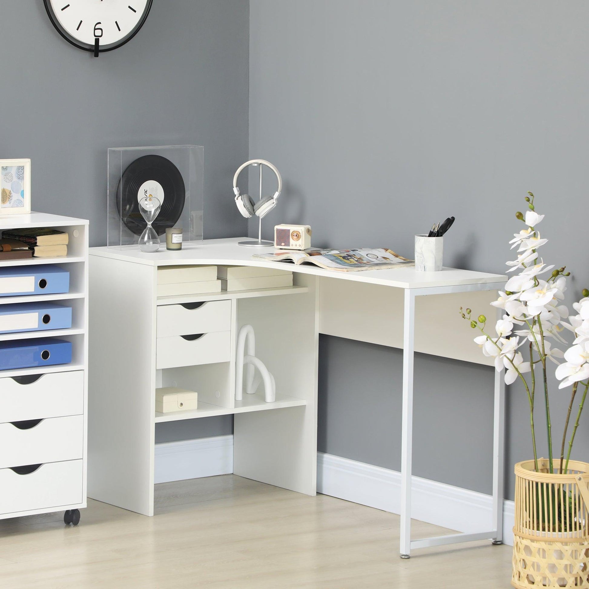 HOMCOM L-Shaped Corner Desk with Storage - White - ALL4U RETAILER LTD