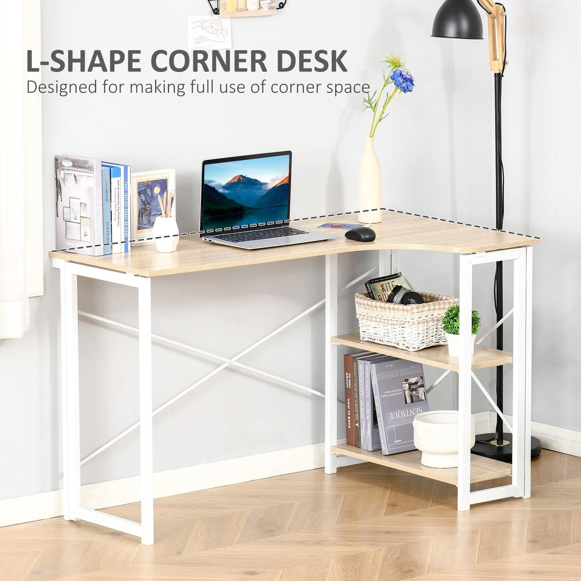 HOMCOM L-Shaped Folding Desk with Shelves - ALL4U RETAILER LTD