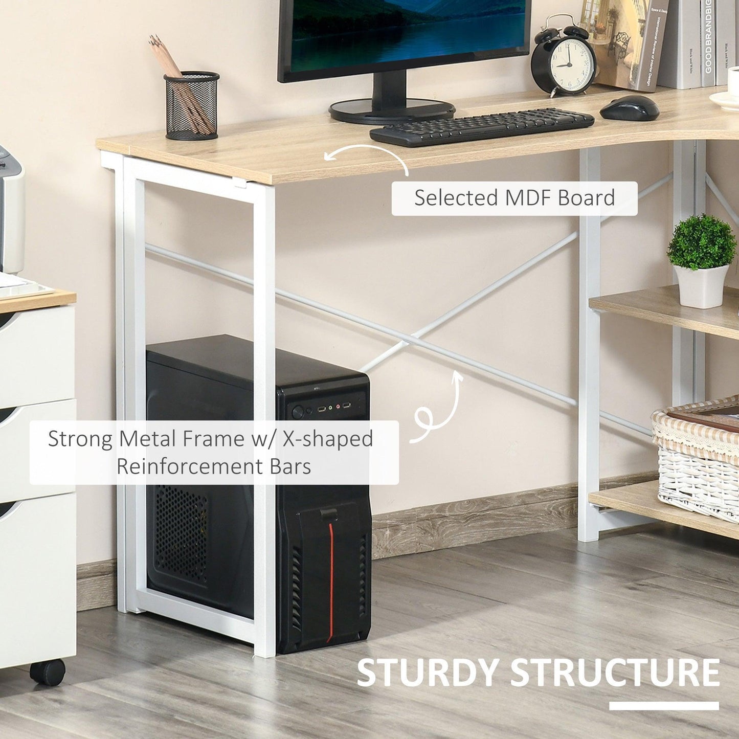 HOMCOM L-Shaped Folding Desk with Shelves - ALL4U RETAILER LTD