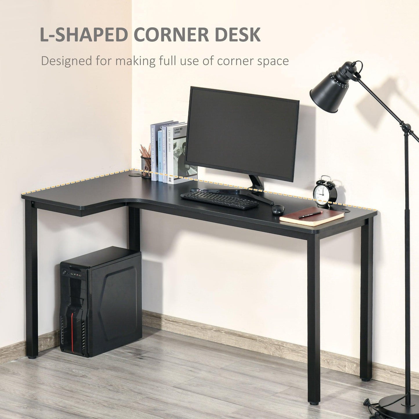 HOMCOM L-Shaped Gaming Desk - Cable Management - Home Office (Black) - ALL4U RETAILER LTD