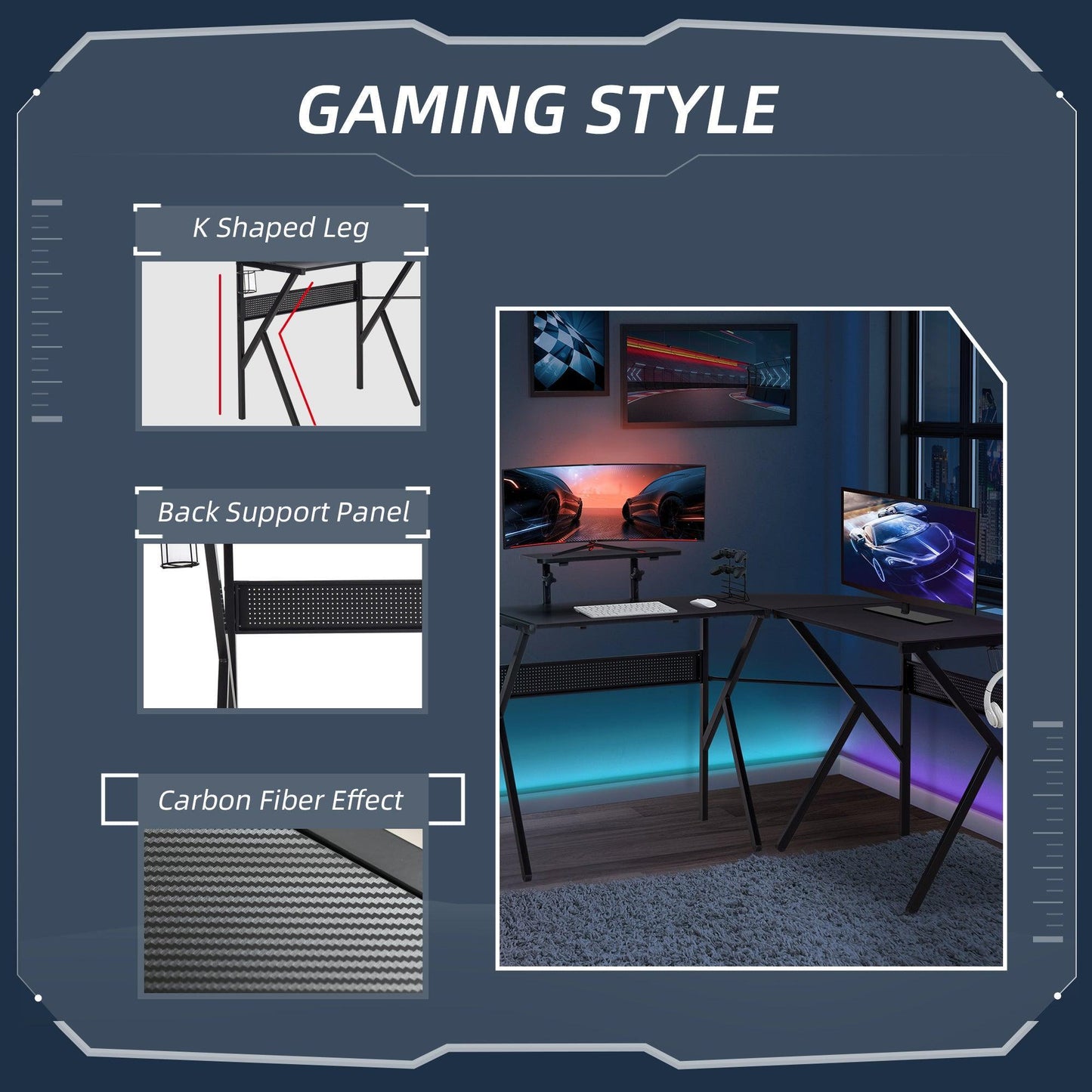 HOMCOM L-Shaped Gaming Desk with Adjustable Monitor Stand, Cup Holder - ALL4U RETAILER LTD