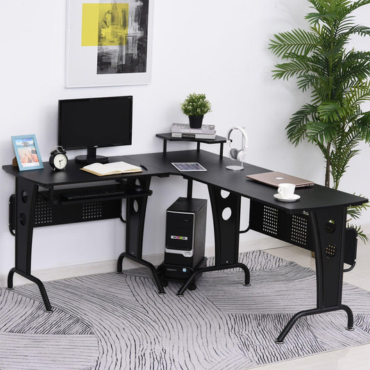 HOMCOM L-Shaped Gaming Desk with Steel Frame - Black - ALL4U RETAILER LTD