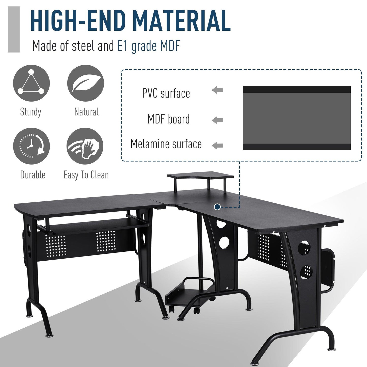 HOMCOM L-Shaped Gaming Desk with Steel Frame - Black - ALL4U RETAILER LTD