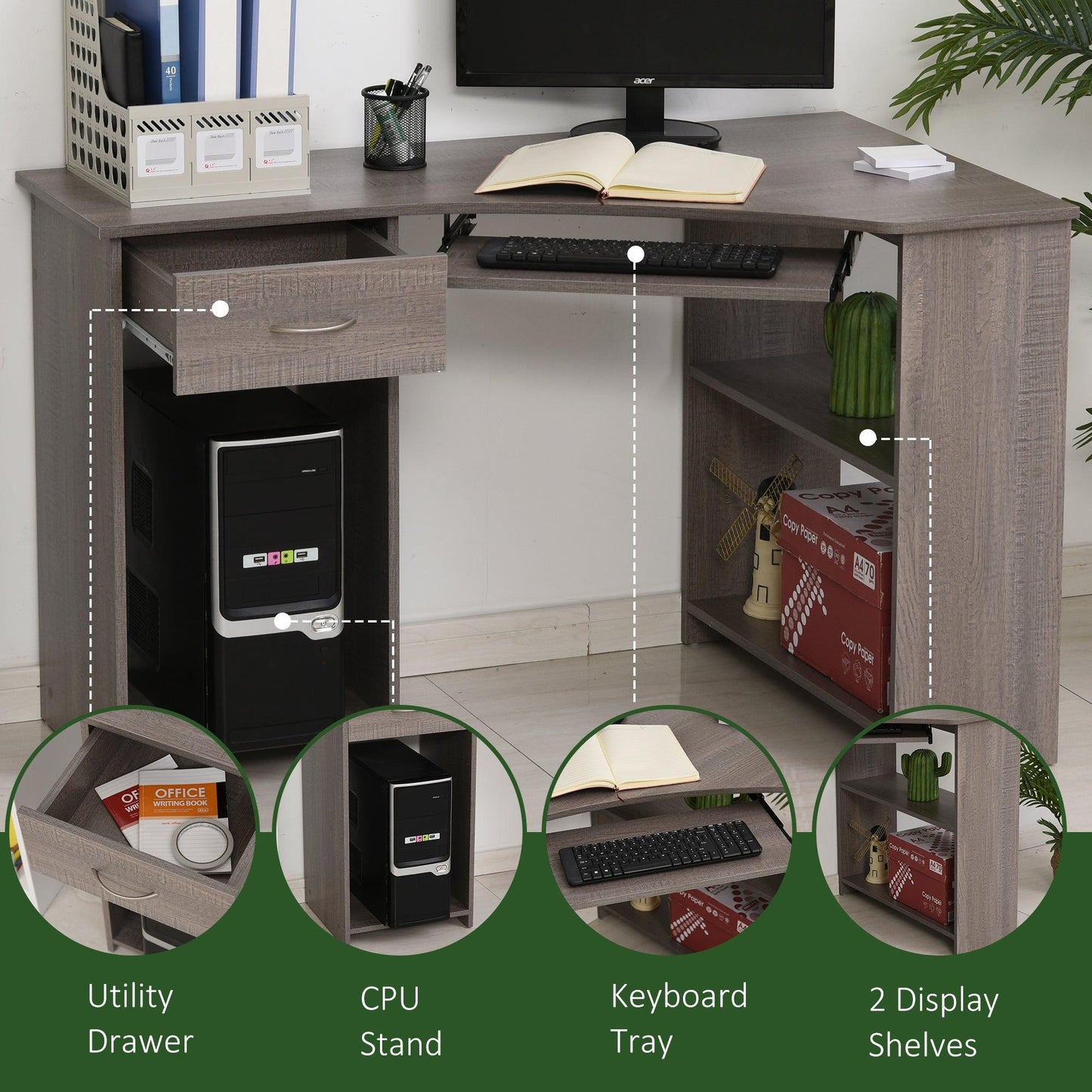 HOMCOM L-Shaped Grey Computer Desk with Shelves & Drawer - ALL4U RETAILER LTD