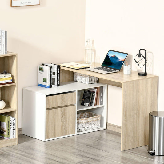 HOMCOM L-Shaped Oak and White Desk with Storage - Compact - ALL4U RETAILER LTD