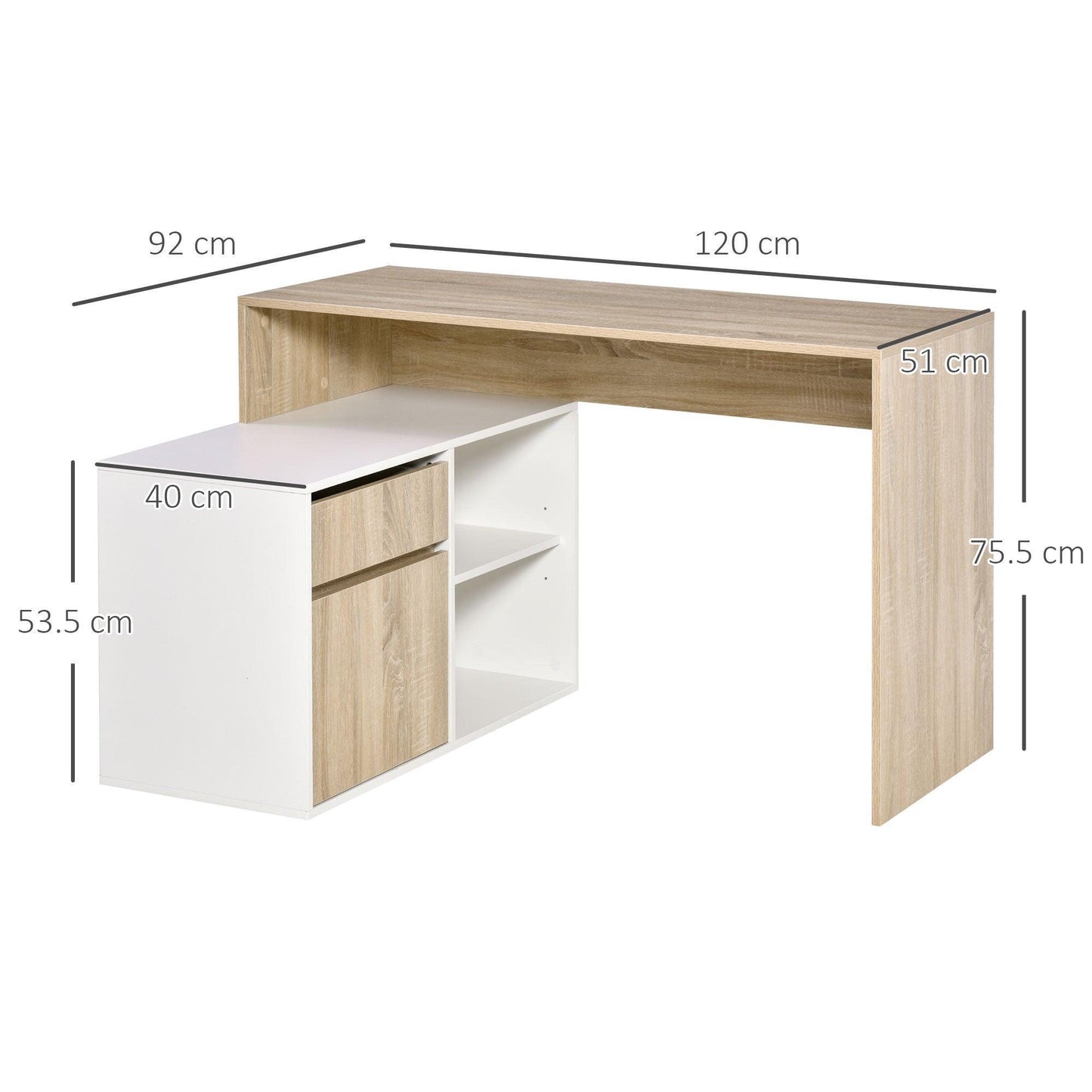 HOMCOM L-Shaped Oak and White Desk with Storage - Compact - ALL4U RETAILER LTD