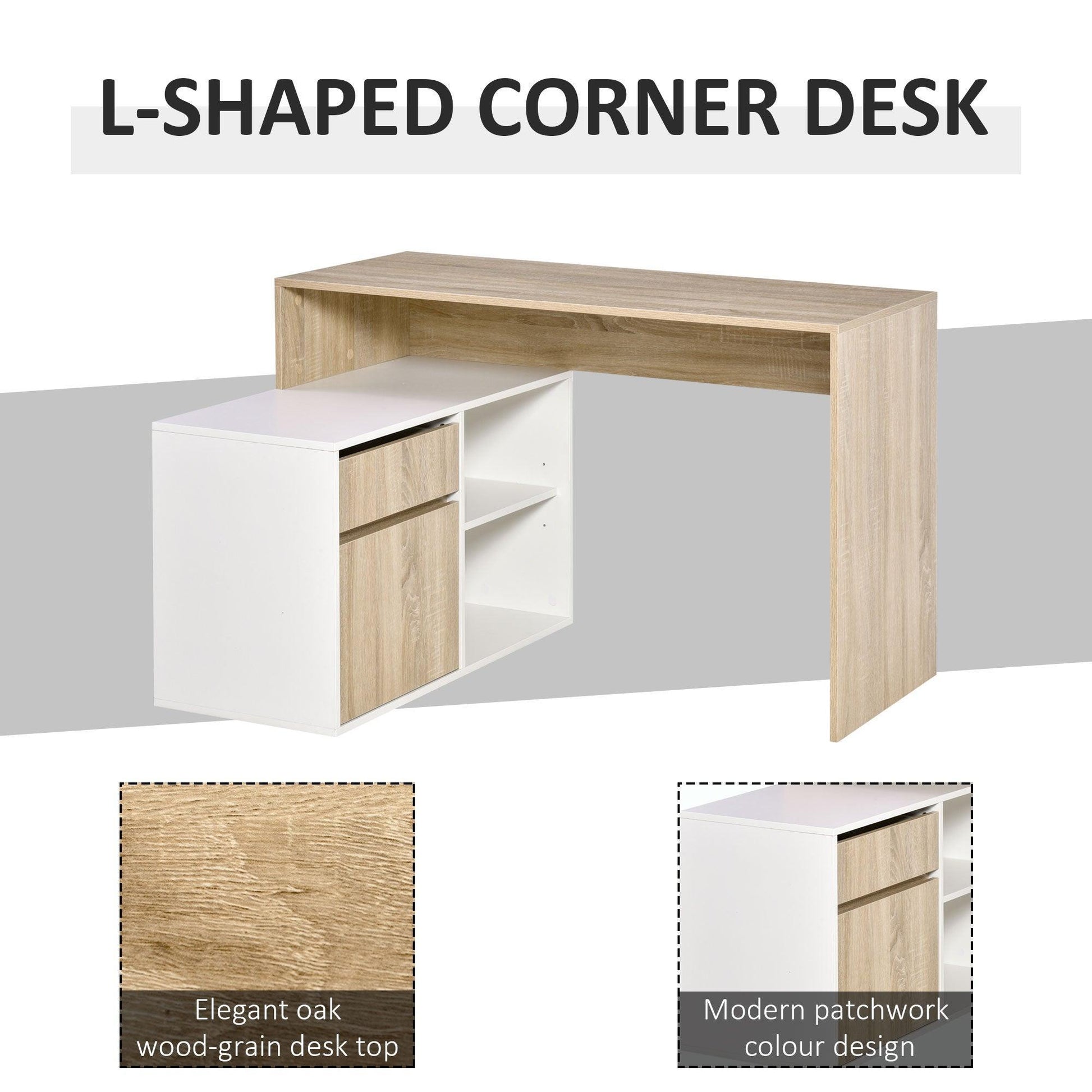 HOMCOM L-Shaped Oak and White Desk with Storage - Compact - ALL4U RETAILER LTD