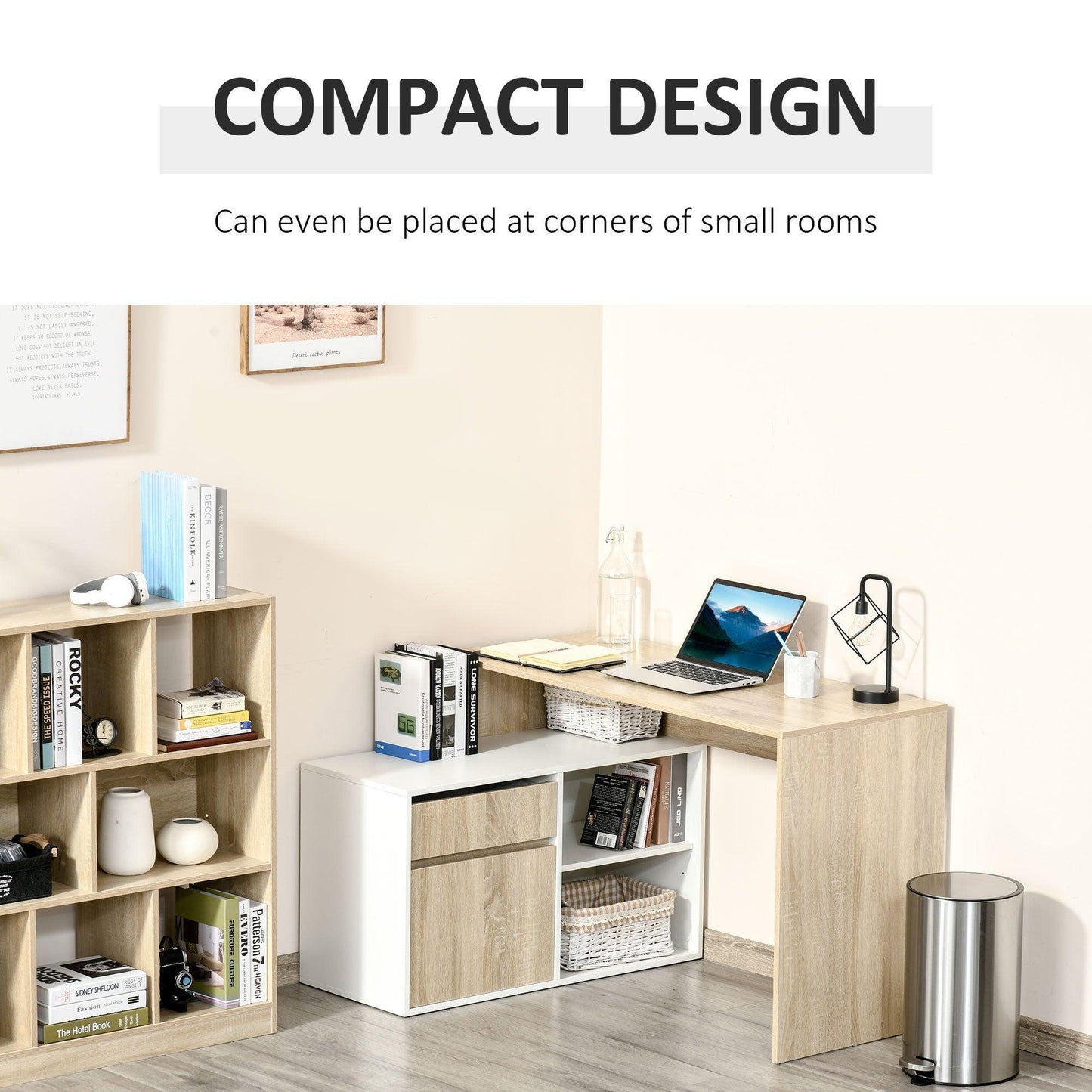 HOMCOM L-Shaped Oak and White Desk with Storage - Compact - ALL4U RETAILER LTD